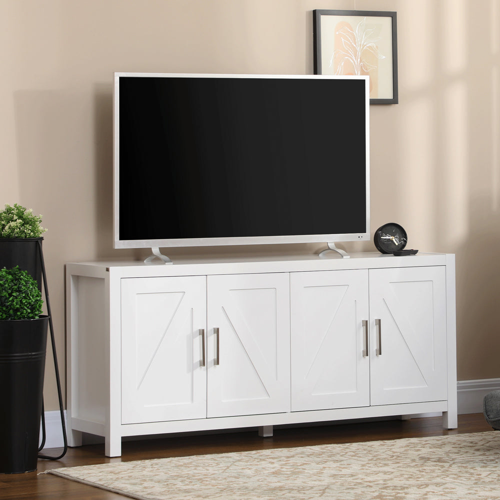 Buffet/meuble TV avec portes de style grange, 4 passe-câbles, blanc