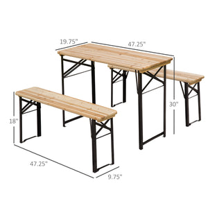 3 Pieces Folding Picnic Table Set, Portable Folding Picnic Table and Benches with Steel Frame for Garden, Park, Natural Wood