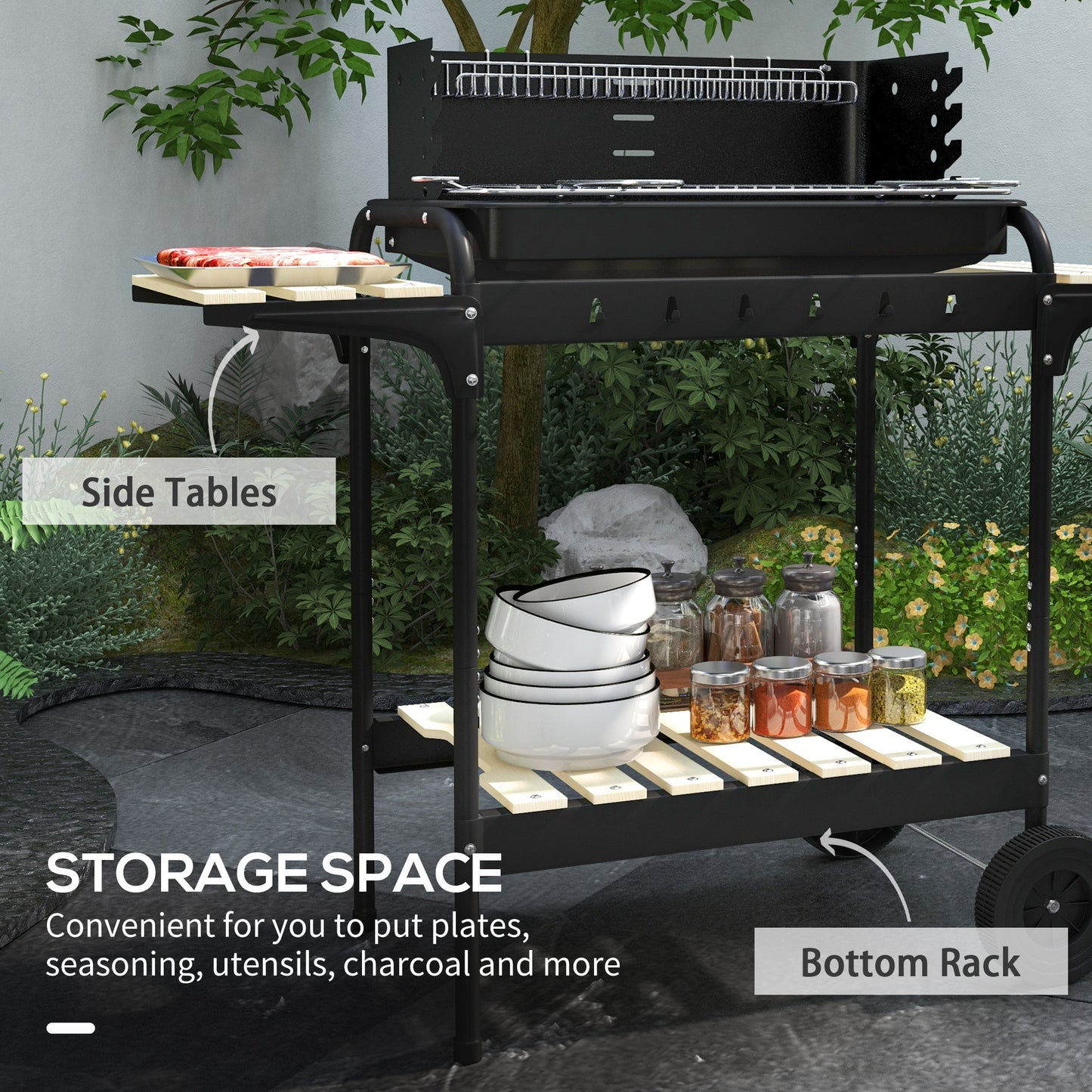 Outsunny Adjustable Height Charcoal BBQ Grill, Portable BBQ Cart with Ash Catcher and Wheels, Black