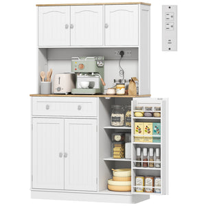 68" Storage Cabinet with Charging Station, Microwave Mount, 4 Door Shelves, White