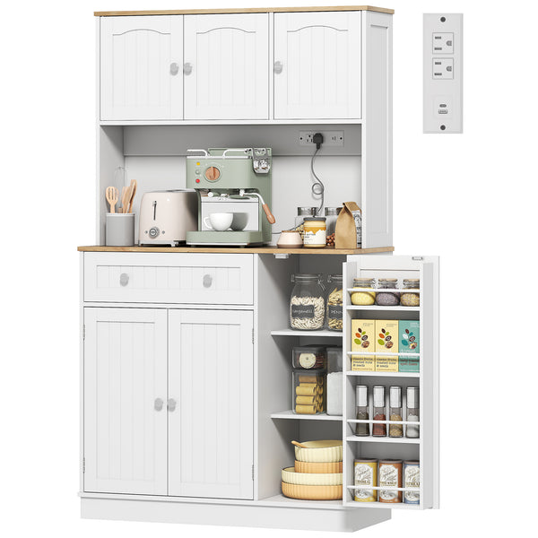 68" Storage Cabinet with Charging Station, Microwave Mount, 4 Door Shelves, White