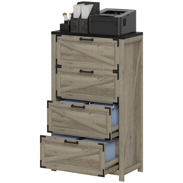 Classeur 4 tiroirs de style campagnard avec barres de suspension réglables pour format lettre, A4, légal, gris