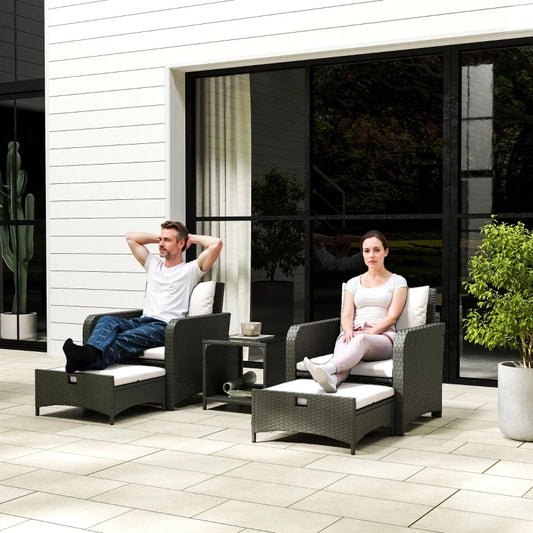 Outsunny 5 Piece Rattan Balcony Furniture Set, Wicker Outdoor Furniture with Two-Tier Coffee Table and Ottomans, Grey and Cream White