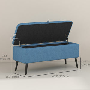 Pouf avec rangement rembourré en lin avec pieds en acier, bleu foncé
