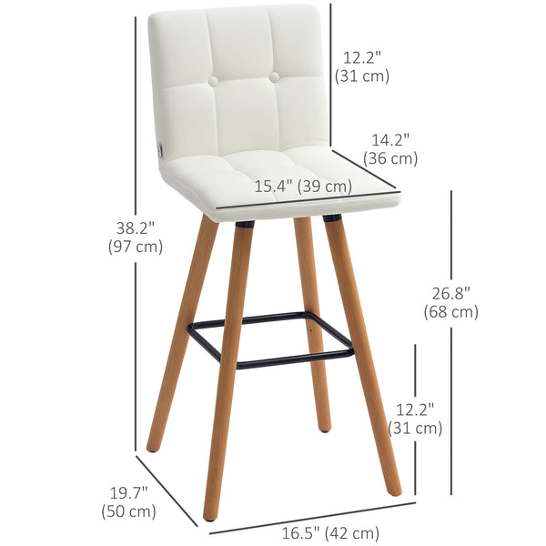 Lot de 2 tabourets de bar rembourrés, pieds en bois massif, blanc