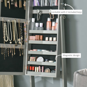 Armoire à bijoux verrouillable avec éclairage LED, miroir sur pied, gris