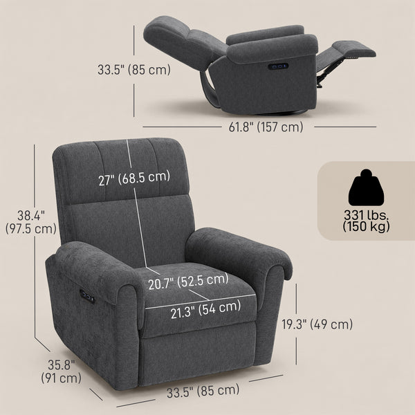 Fauteuil inclinable électrique, revêtement en tissu, ports USB, fonction pivotante et à bascule, repose-pieds, gris foncé