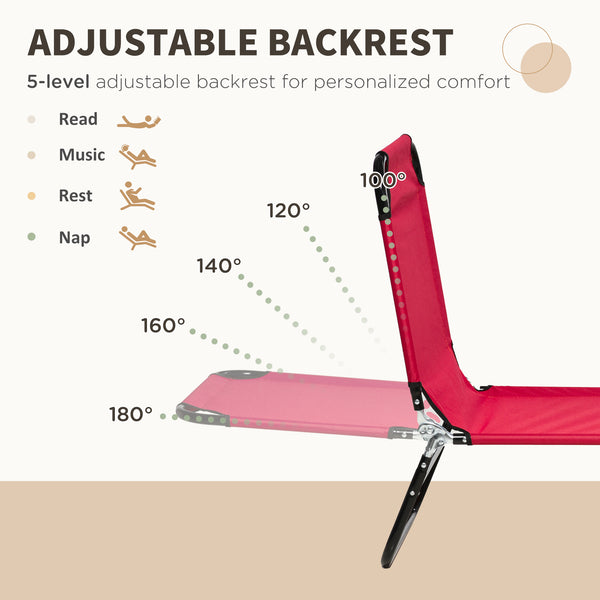 Set of 2 Folding Outdoor Lounge Chair, Sun Tanning Chairs with Reclining Back, Breathable Mesh for Beach Patio, Red