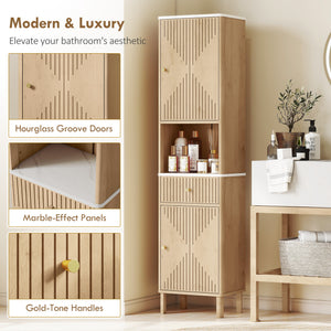 Armoire haute de salle de bain effet chêne avec 2 armoires, tiroir et tablette ouverte, Effet chêne