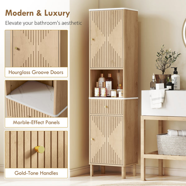 Armoire haute de salle de bain effet chêne avec 2 armoires, tiroir et tablette ouverte, Effet chêne