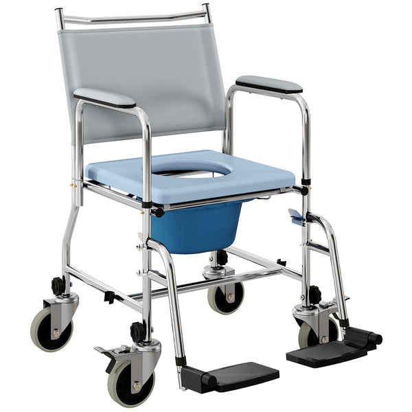 Chaise de douche 4 en 1 sur roulettes avec siège rembourré et seau – Gris