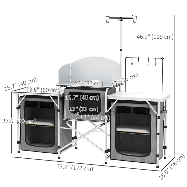 Cuisine de camping en aluminium pliante et portable avec placards en tissu, grise