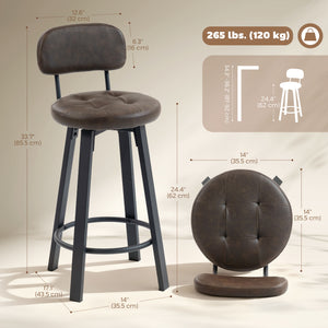 Ensemble de 2 tabourets de bar rembourrées avec repose-pieds et dossier pour comptoir de cuisine, marron