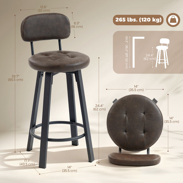 Ensemble de 2 tabourets de bar rembourrées avec repose-pieds et dossier pour comptoir de cuisine, marron