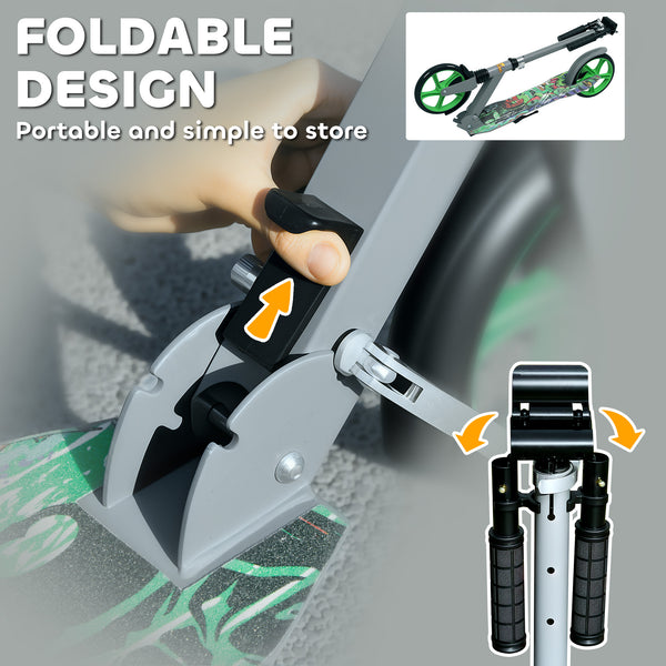 Scooter for children from 6 to 12 years old, adjustable height, rear brake, large 200 mm wheel, foldable, green