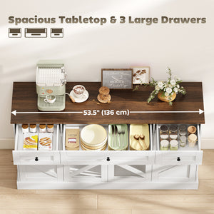 Buffet de cuisine de style campagnard avec portes coulissantes en acrylique et 3 tiroirs, finition bois blanc.