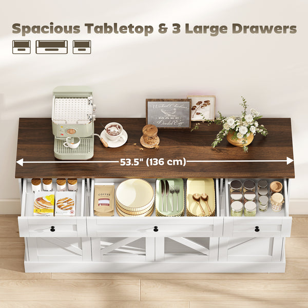 Buffet de cuisine de style campagnard avec portes coulissantes en acrylique et 3 tiroirs, finition bois blanc.