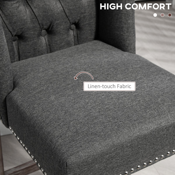 Set of 2 upholstered bar stools with studded backrest and footrest, dark grey