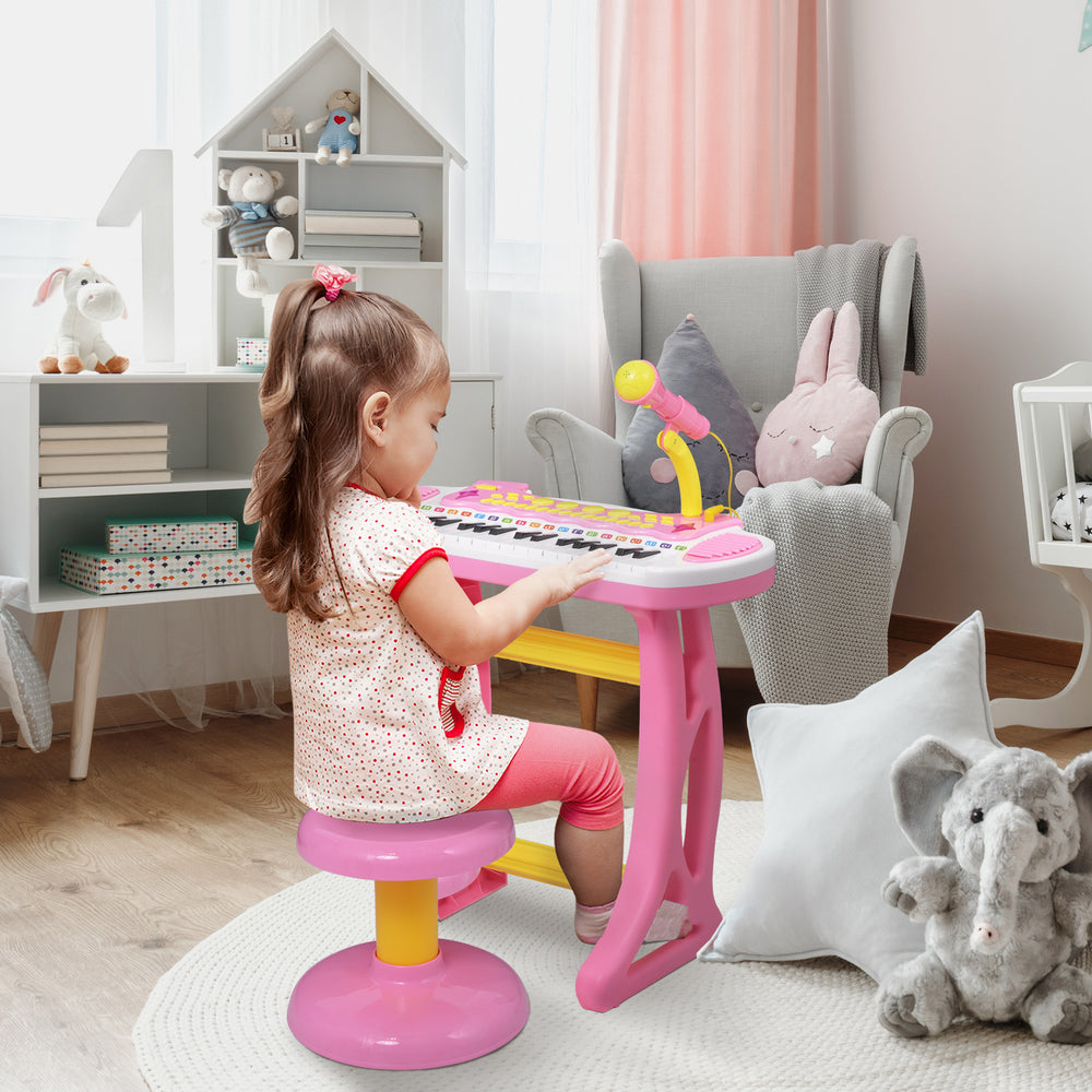 Piano-clavier avec tabouret, microphone fonctionnel et lampe de poche lumineuse, rose
