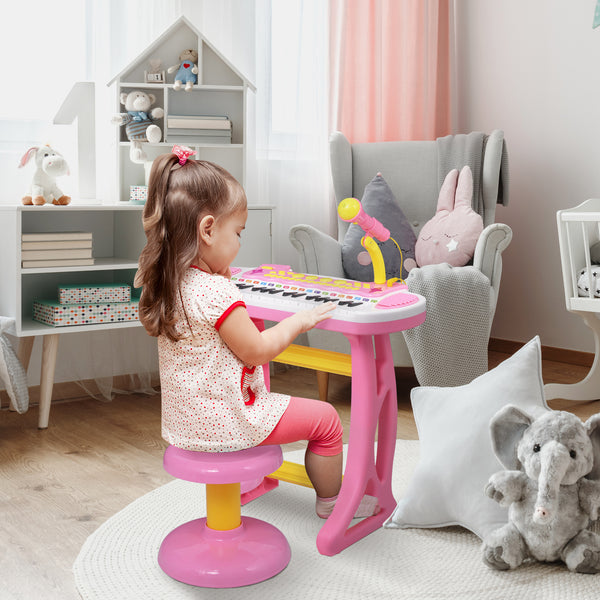 Piano-clavier avec tabouret, microphone fonctionnel et lampe de poche lumineuse, rose