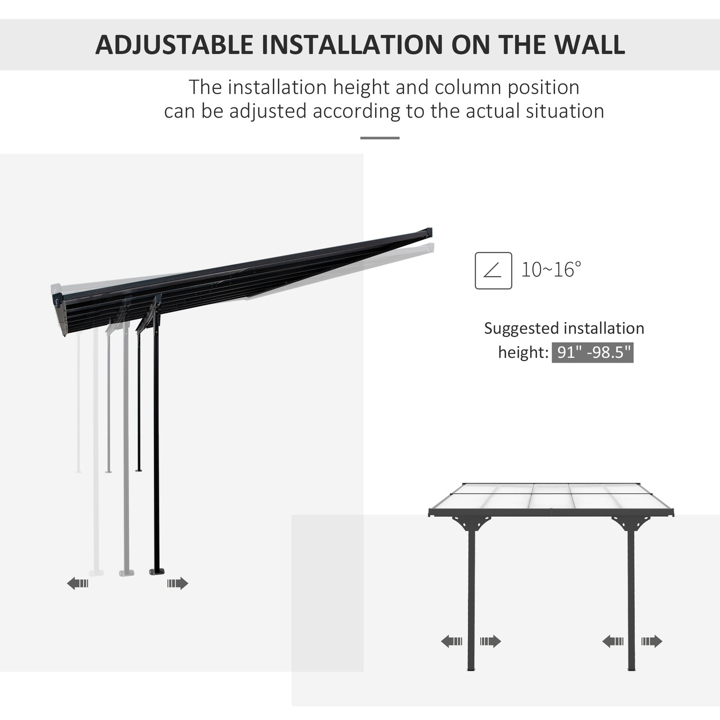 Pergola 10' x 10' avec toit rigide en polycarbonate, hauteur réglable, cadre en aluminium, protection UV, gris
