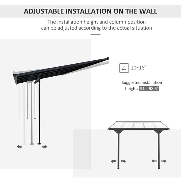 Pergola 10' x 10' avec toit rigide en polycarbonate, hauteur réglable, cadre en aluminium, protection UV, gris