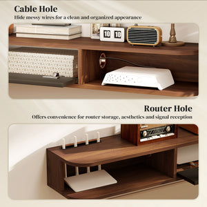 71" Floating Wall Mounted TV Stand with Drop-Down Drawer and 2 Open Shelves, Walnut
