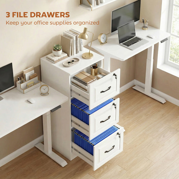 3-drawer vertical filing cabinet with lock, equipped with adjustable hanging rails for A4 and Letter sizes, white.