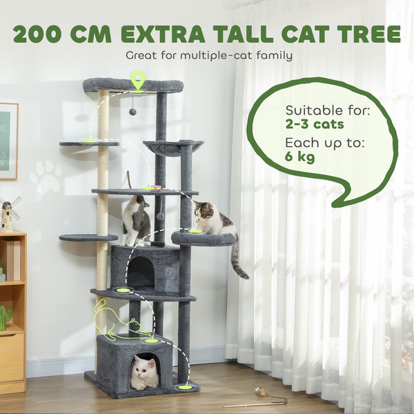 Tall cat tree with scratching posts, perches, caves, hammock and pom-poms, for 2 to 3 indoor cats, dark grey