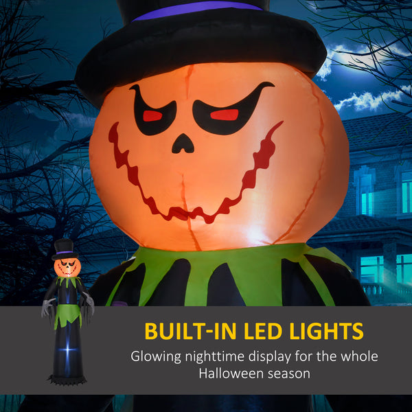 Gonflable tête de citrouille fantôme de 2.4m avec chapeau, décoration gonflable d'extérieur avec lumières LED