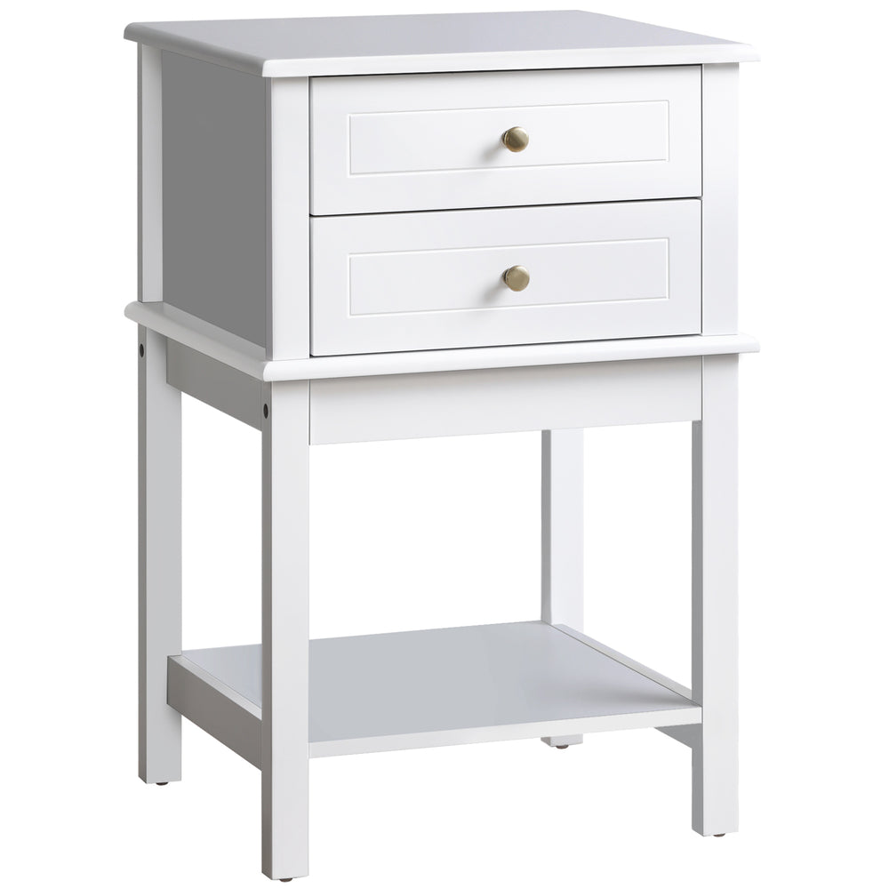 Table d'appoint moderne avec tiroirs et étagère de rangement, blanche
