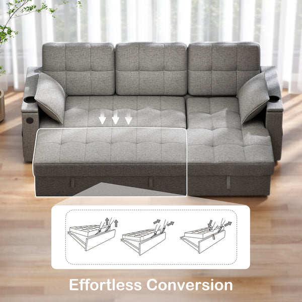 Canapé-lit sectionnel convertible avec port USB-A+C, gris