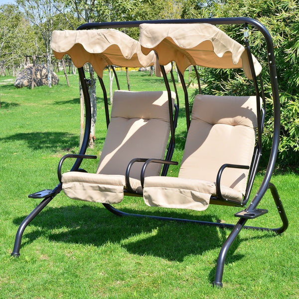 Balançoire de luxe en métal pour extérieur 2 places séparé avec auvent et coussins - Beige