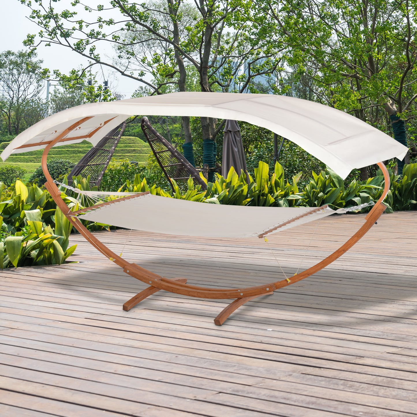 Ensemble hamac-lit et support pour 2 personnes avec baldaquin en bois, blanc/teck