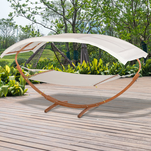 Ensemble hamac-lit et support pour 2 personnes avec baldaquin en bois, blanc/teck