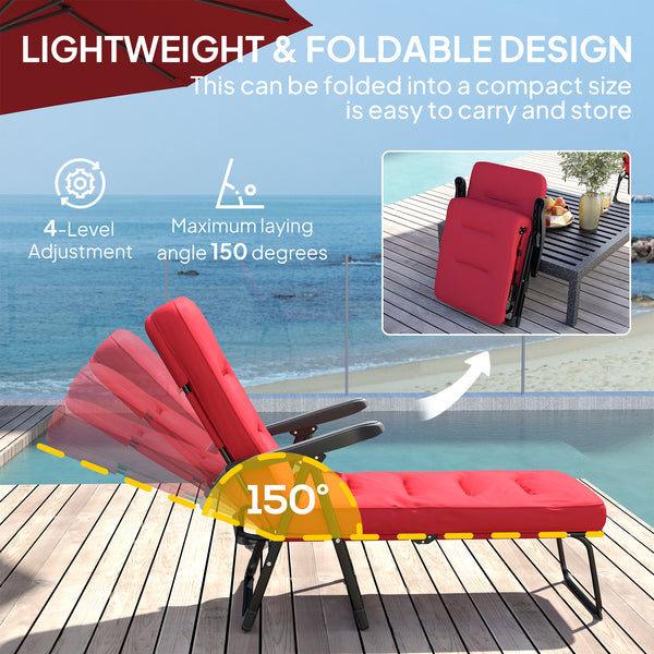 Chaise longue pliante avec coussin, dossier réglable avec repose-pieds, bordeaux