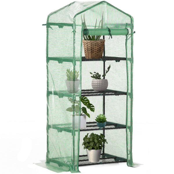 Portable greenhouse with 4 shelves, steel frame, PE cover, dark green
