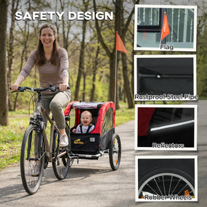 Remorque vélo enfant avec harnais 5 points, roues en caoutchouc 16 pouces, sac de rangement, à partir de 18 mois, rouge.