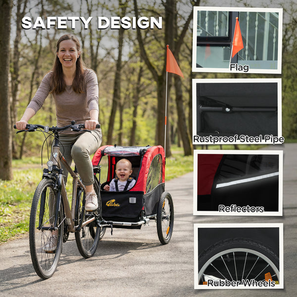 Remorque vélo enfant avec harnais 5 points, roues en caoutchouc 16 pouces, sac de rangement, à partir de 18 mois, rouge.