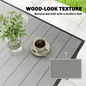 Table de patio rectangulaire pour 6 personnes en composite bois-plastique et structure en acier, grise