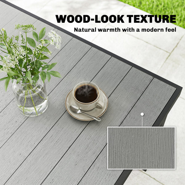 Table de patio rectangulaire pour 6 personnes en composite bois-plastique et structure en acier, grise