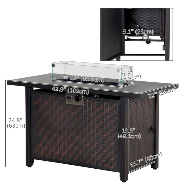 43" Outdoor Propane Gas Fire Pit Table, Wicker Patio Gas Firepit w/ Glass Wind Guard, 50,000 BTU CSA Certified Bronze