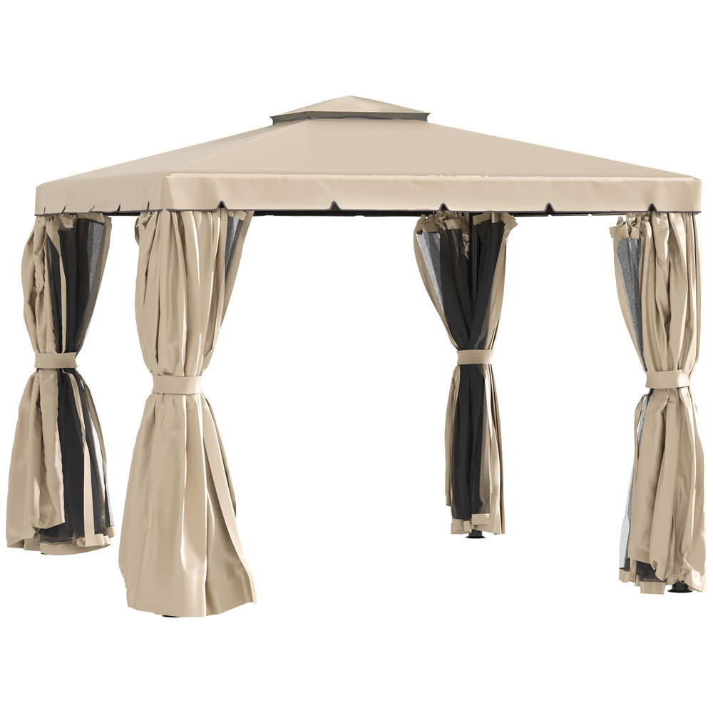 Gazebo 10 x 10 avec de jolis rideaux et des stores en maille, beige