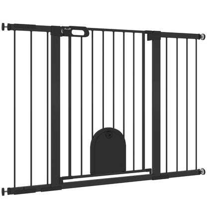 Barrière extra large pour animaux PawHut de 76 à 132 cm avec petite porte, barrière de sécurité pour chien de 89 cm de hauteur, fixation par pression pour escalier, noire