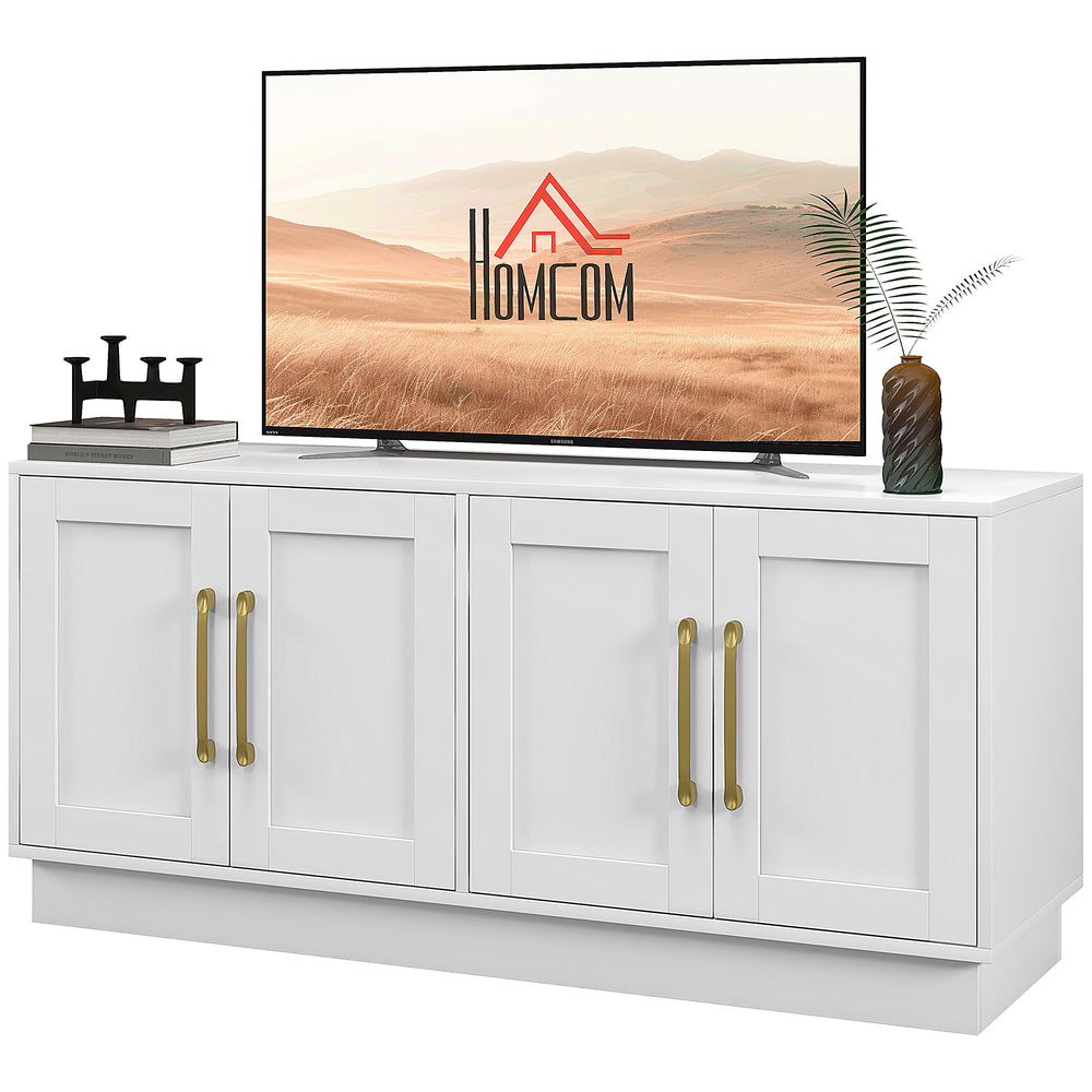 Meuble TV blanc pour écran jusqu’à 55 pouces, doté de 4 portes à charnières souples, 4 trous passe-câbles et 2 étagères réglables, idéal pour salon moderne.