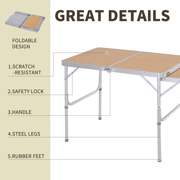Table de pique-nique 3pieds avec tablette coulissante, en aluminium, hauteur réglable (2 niveaux).