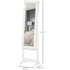 Armoire à bijoux sur pied avec miroir éclairé, angle réglable et 16 LED, blanc chaud