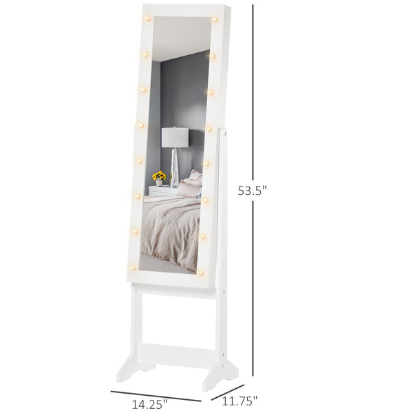 Armoire à bijoux sur pied avec miroir éclairé, angle réglable et 16 LED, blanc chaud