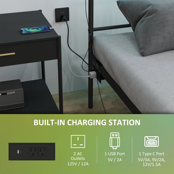 Cadre de lit Queen Size avec éclairage LED et station de charge, noir