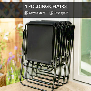 6-Piece Patio Dining Set with Umbrella, Folding Chairs, and Glass Table, Black.